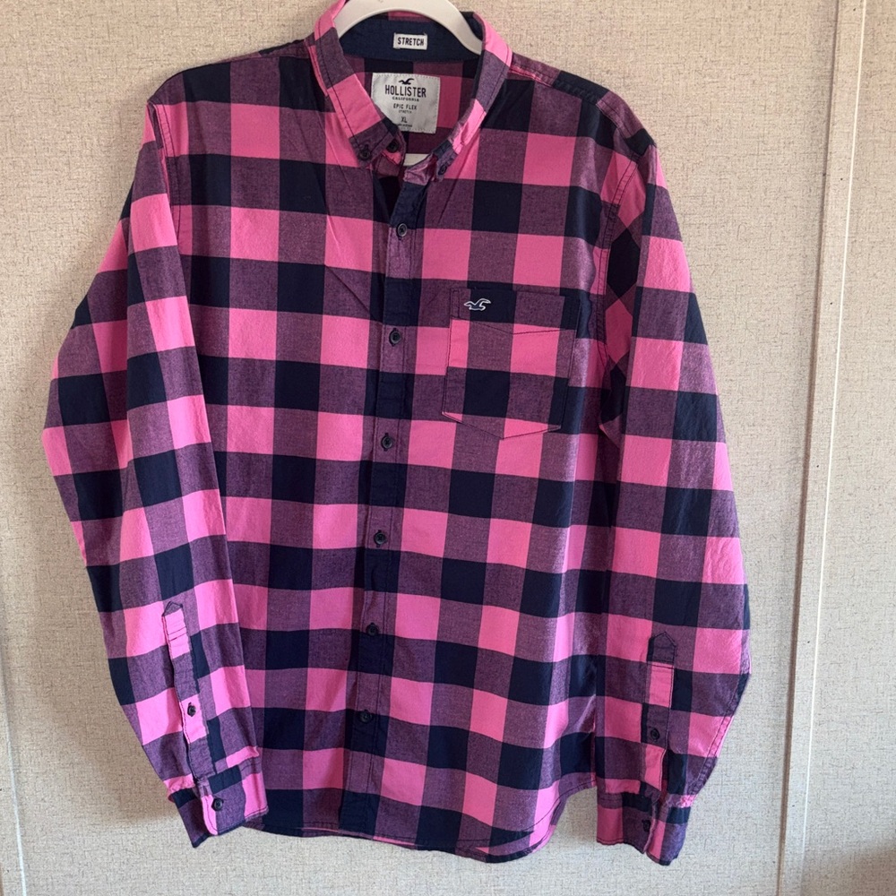 Hollister Mens Epic Flex Stretch Plaid Button Down Shirt XL Pink Navy Streetwear